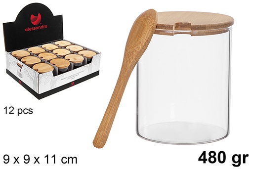 [122538] Açucareiro de borosilicato com tampa de bambu e colher 480 gr.