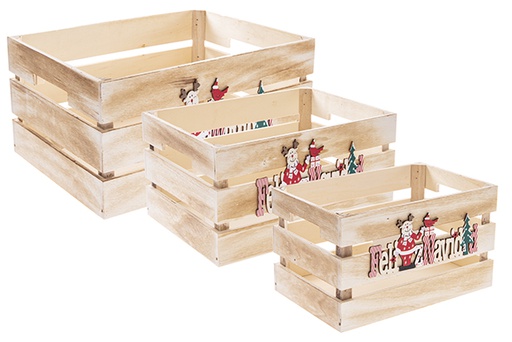 [122552] Set di 3 scatole in legno naturale decorate Buon Natale 32x24,5x16cm