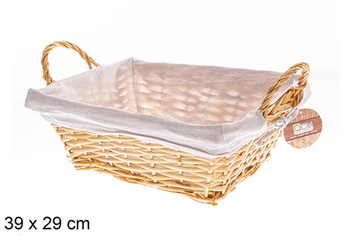 [122584] Panier rectangulaire en osier avec anses couleur miel avec tissu 39x29 cm