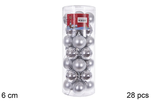 [122629] Pack 28  boules argentées brillantes/mates cylindre 6 cm