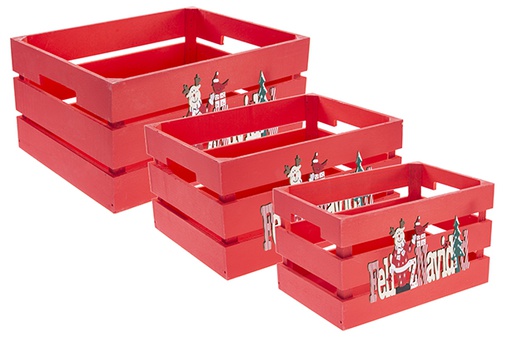 [122646] Set di 3 scatole rosse in legno decorate Buon Natale 32x24,5x16cm