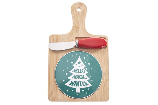 [122747] Tabla bambu decorada Navidad con cuchillo mantequilla 22x13cm