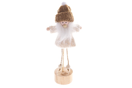 [122761] Figura natalizia con barba in abito beige su base in legno 21 cm