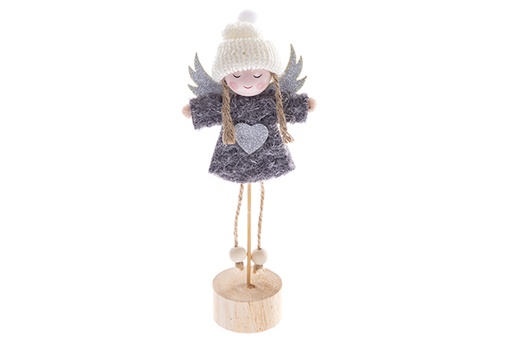 [122764] Christmas angel figure in grey suit on wooden base 21 cm