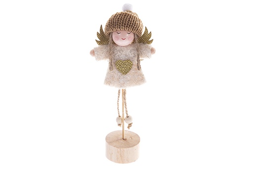 [122765] Christmas angel figure in beige suit on wooden base 21 cm