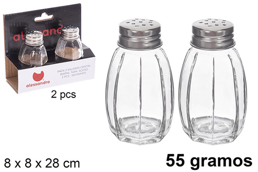 [122989] Pack 2 glass salt shakers barrel steel lid 55 grams