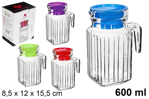 [123025] Pichet pour eau en verre avec couvercle couleurs assorties 600 ml