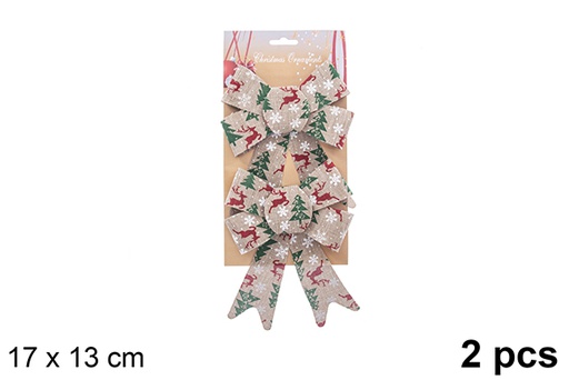 [123029] Pack 2 nœuds de Noël en toile de sac décorés de rennes/arbres 17x13cm