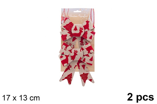 [123031] Pack 2 nœuds de Noël en toile de sac décorés de rennes/sapin rouge 17x13cm