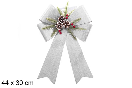 [123048] Noeud de Noël argenté brillant décoré de pommes de pin 44x30 cm