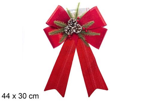 [123049] Noeud de Noël rouge pailleté décoré de pommes de pin 44x30 cm