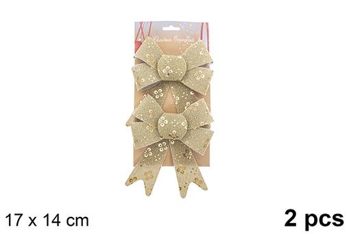 [123062] Pack 2 fiocchi natalizi dorati decorati glitter 17x14cm