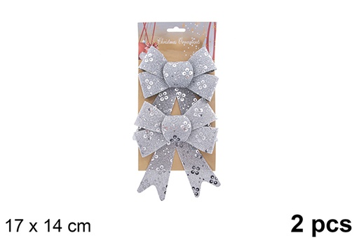 [123063] Pack 2 silver Christmas bow decorated glitter 17x14cm