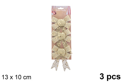 [123065] Pack 3 laços de Natal dourados decorados com glitter 13x10cm