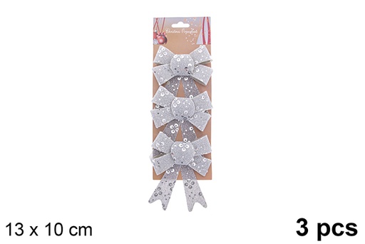 [123066] Pack 3 fiocchi natalizi argento decorati glitter 13x10cm