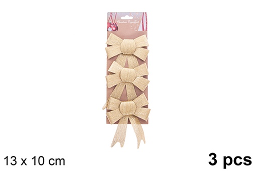 [123071] Pack 3 Christmas bows gold glitter effect 13x10cm