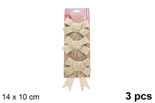 [123117] Pack 3 noeuds de Noël dorés brillants 14x10cm