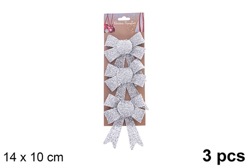 [123118] Pack 3 shiny silver Christmas bows 14x10cm