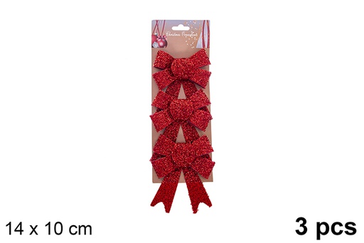 [123119] Pack 3 shiny red Christmas bows 14x10cm