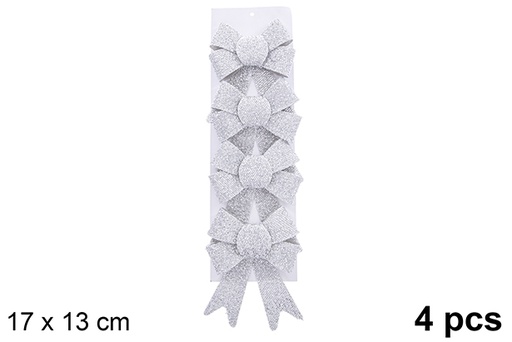 [123121] Pack 4 shiny silver Christmas bows 17x13cm  