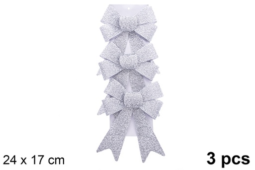 [123124] Pack 3 noeuds de Noël argent brillant 24x17cm
