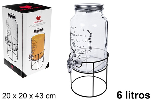 [123208] Glass beverage dispenser with tap and stand, 6 liters