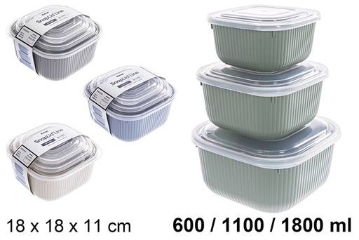 [123264] Lot de 3 boîtes à lunch carrées en plastique 600/1100/1800 ml