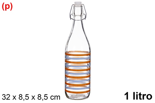 [123387] Bouteille d'eau en verre décorée de rayures et d'un bouchon de soda, 1 litre