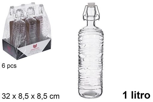 [123388] Bottiglia d'acqua in vetro con rilievo ondulato e tappo per soda, 1 litro