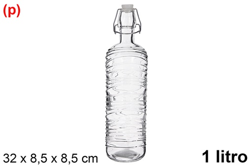 [123388] Bouteille d'eau en verre avec relief ondulé et bouchon à soda, 1 litre
