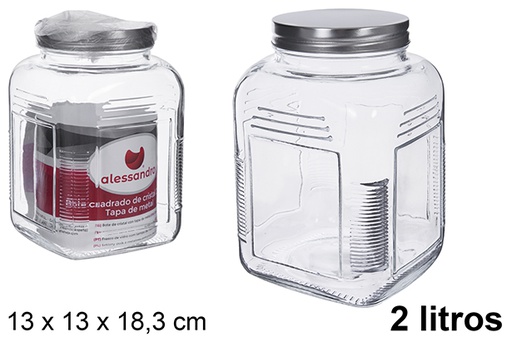 [123424] Bocal carré en verre avec couvercle en métal argenté, 2 litres