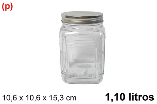 [123426] Square glass jar with silver metal lid 1.10 liters