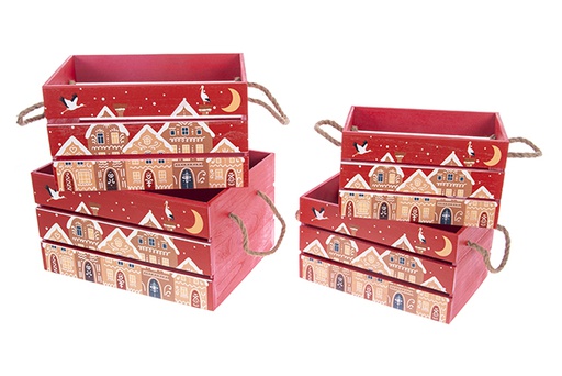 [123487] Lot de 4 boîtes en bois décorées de maisons de Noël, 40x30x22 cm