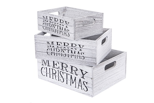 [123488] Set di 3 scatole di legno grigie BUON NATALE decorate natalizie 30x24x12 cm