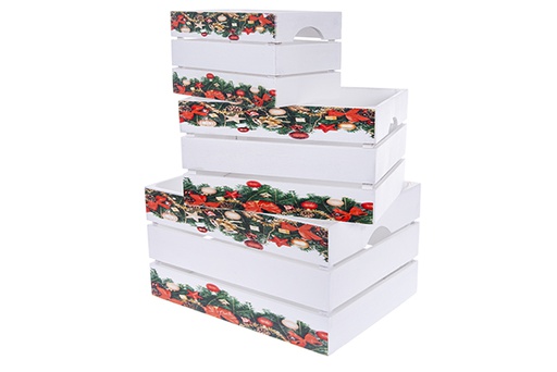 [123489] Set di 3 scatole di legno bianche decorate con ghirlanda natalizia 41x31x22 cm 
