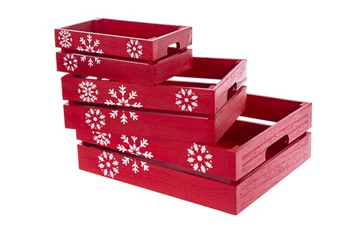 [123490] Conjunto de 3 caixas de madeira vermelhas decoradas com flocos de neve de Natal, 38x30x12 cm