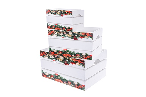 [123491] Set of 3 white wooden boxes decorated with Christmas garland 37x27x20 cm 