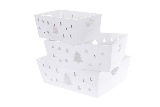 [123492] Lot de 3 boîtes en bois blanches décorées d'un sapin de Noël, 35x25x12 cm