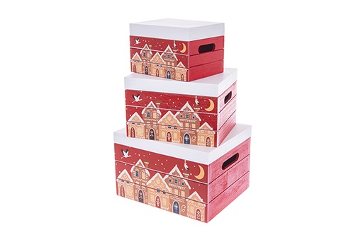 [123493] Lot de 3 boîtes en bois rouges avec couvercles décorées de maisons de Noël, 30x25x19 cm