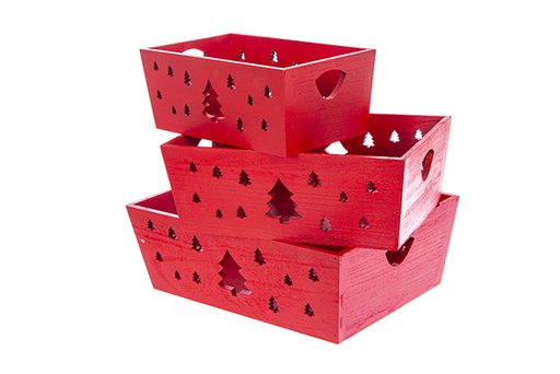 [123494] Set of 3 red wooden boxes decorated with a Christmas tree, 35x25x12 cm
