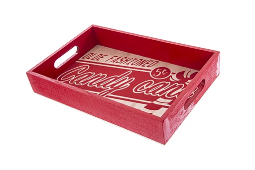 [123496] Red wooden tray decorated with Christmas decorations, 30x20x5 cm