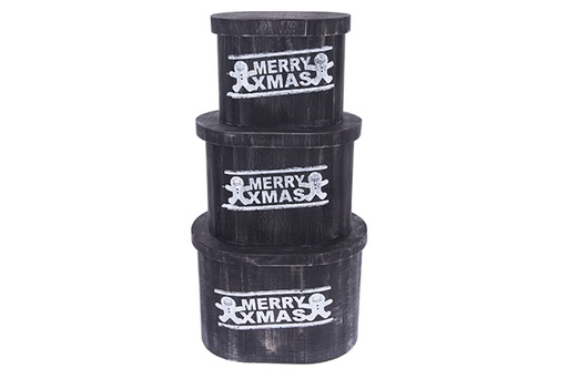 [123500] Set di 3 scatole ovali in legno nero con coperchio MERRY XMAS decorate Natale 36x26x25 cm
