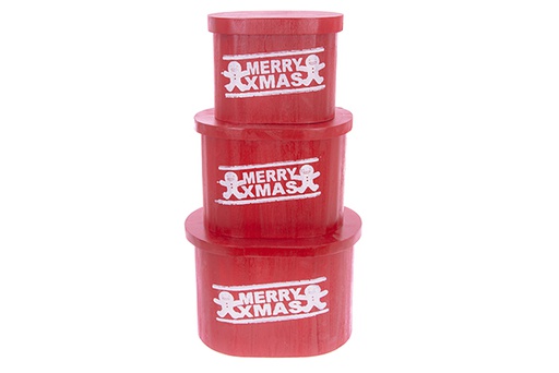 [123501] Lot de 3 boîtes ovales en bois rouge avec couvercle MERRY XMAS décorées Noël 36x26x25 cm