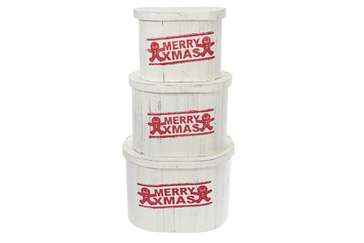 [123503]  Conjunto de 3 caixas ovais de madeira de baunilha com tampa MERRY XMAS decoradas com enfeites de Natal, 36x26x25 cm