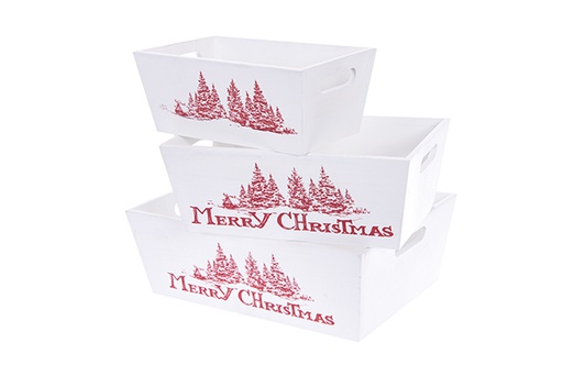 [123506] Juego 3 cajas madera blanca MERRY CHRISTMAS decorada Navidad 35x25x12 cm