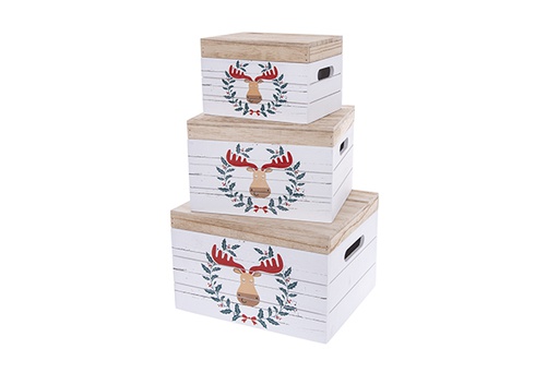 [123511] Juego 3 cajas madera blanca con tapa decorada reno Navidad 30x25x19 cm