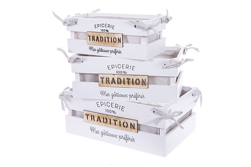 [123513] Set di 3 scatole in legno bianco TRADITION rivestite con decorazioni natalizie 37x23x12 cm