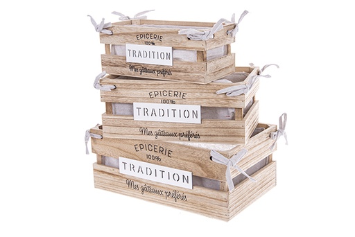 [123515] Set of 3 TRADITION natural wood boxes lined with Christmas decorations 37x23x12 cm