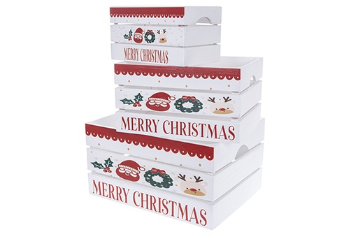 [123516] Set di 3 scatole in legno bianco con Babbo Natale e renne decorate per Natale 41x31x22 cm