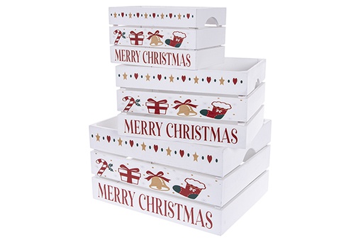 [123518] Set di 3 scatole regalo in legno bianco e campana di Natale decorata 41x31x22 cm